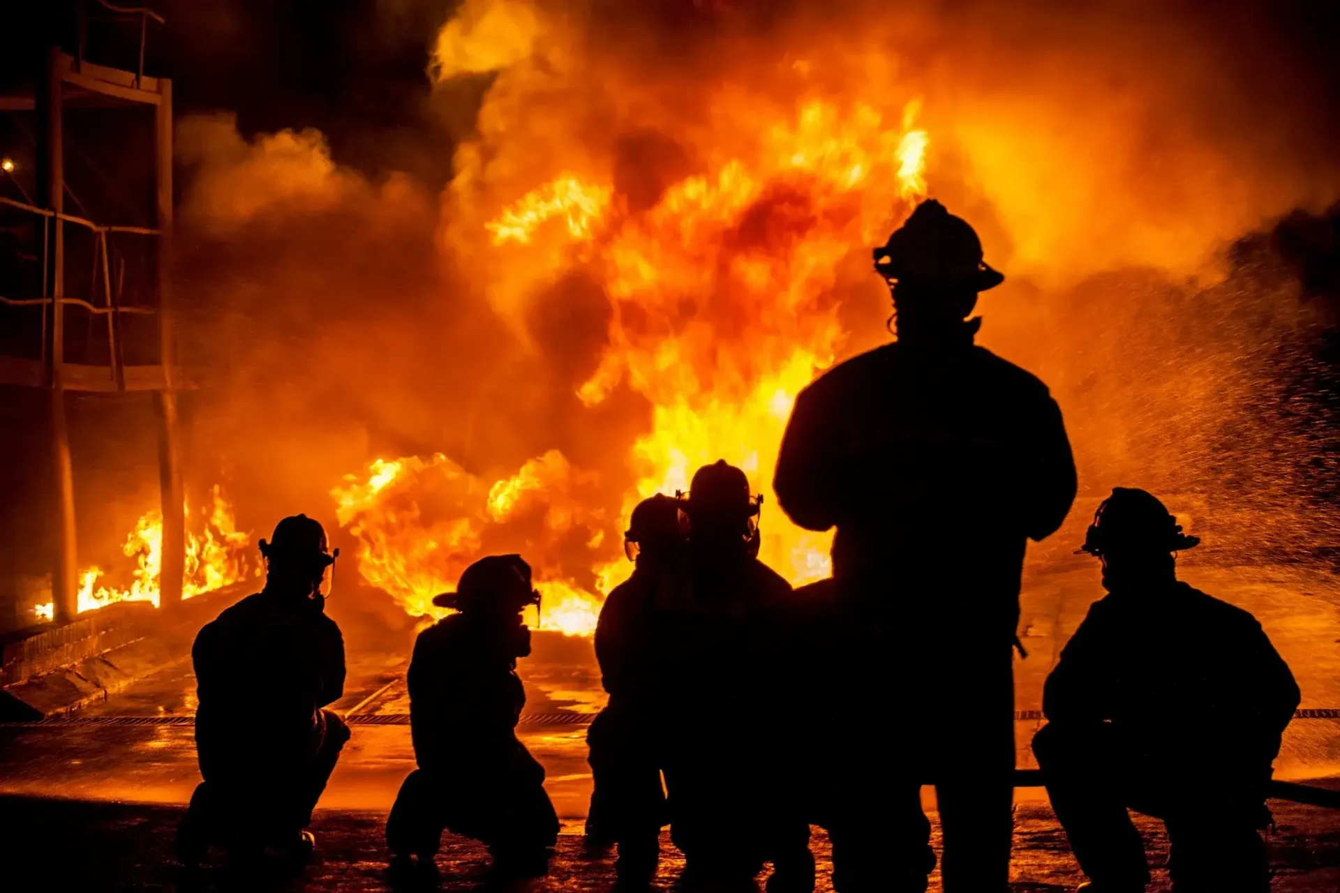 A group of people in front of an explosion.